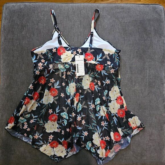 Finwanlo Womens Two Piece Swim Dress Mesh Tankini Top & Bottom Shorts Size XXL - Picture 11 of 14